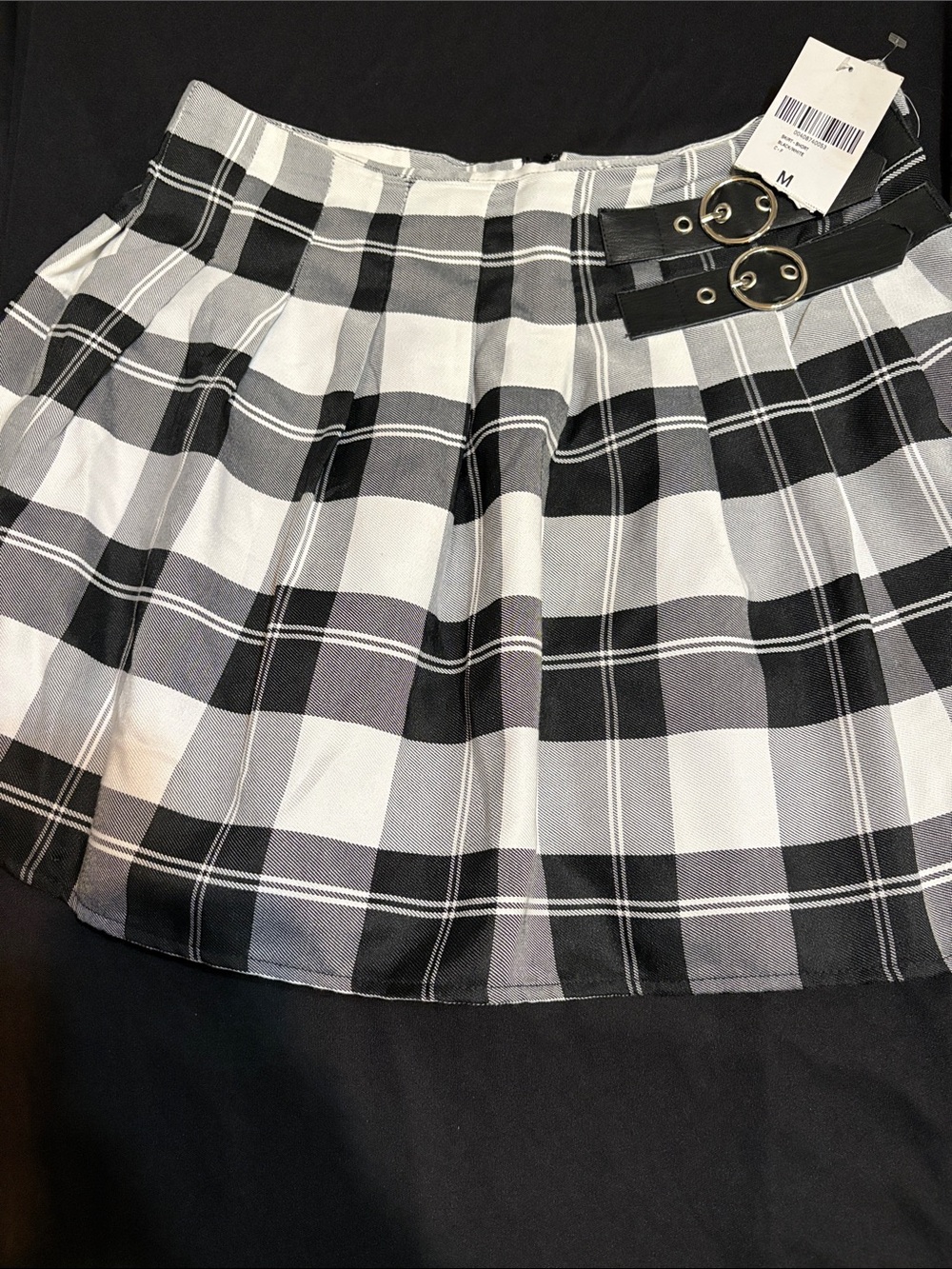 Forever 21 Black & White Plaid Pleated Mini Skirt with Buckle Straps